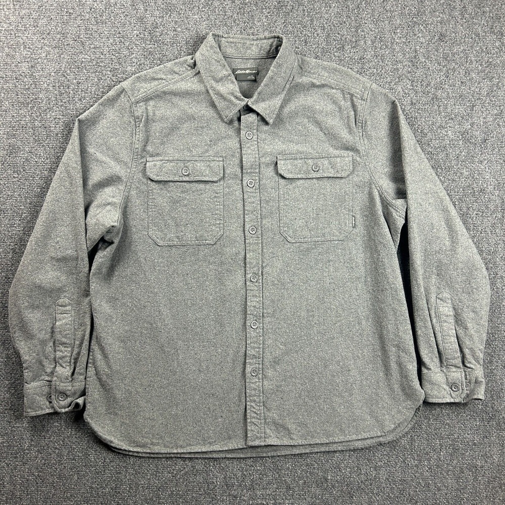 Eddie Bauer Flannel Shirt Mens Extra Large Gray Double Pockets Heavyweight Adult